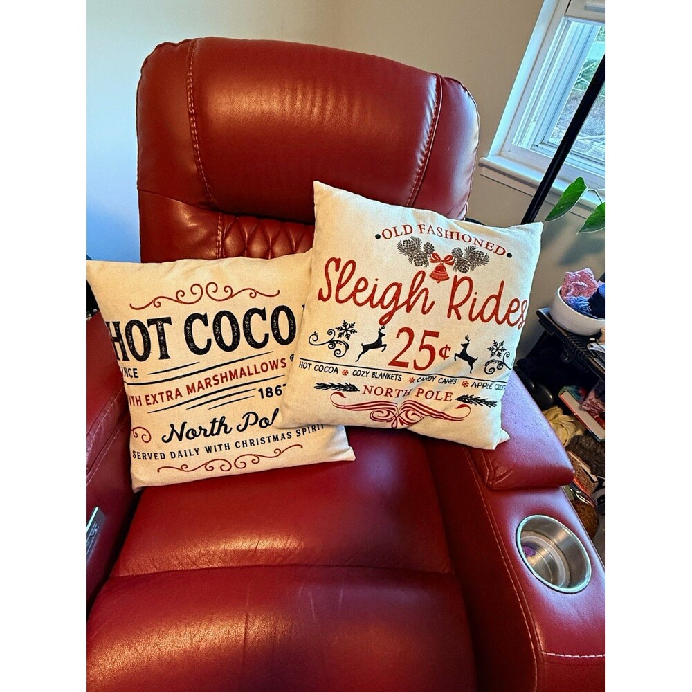 Set of 2 Christmas Square Throw Cushion covers 18”x18” Hot Cocoa & Sleigh Rides